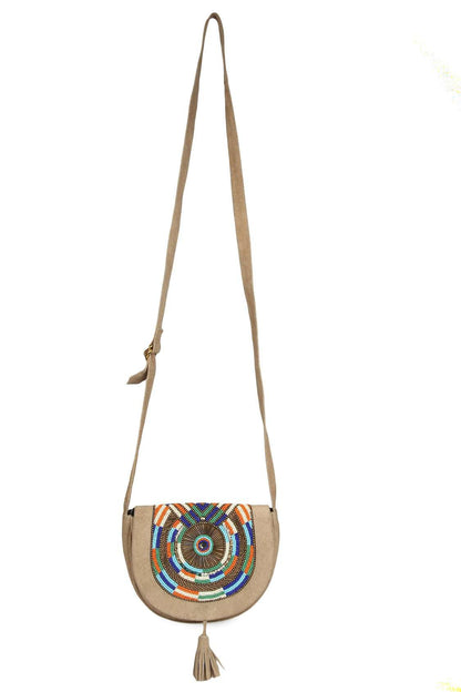 Vanessa Beige Suede Leather Cross Over Bag
