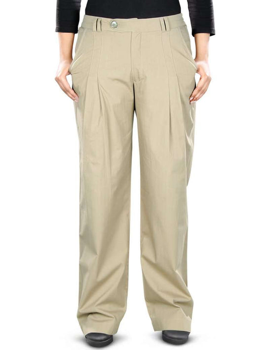 Khaki colored formal straight pants with a top waist placket, zip and flap button closure, knife pleats, utility pockets, and elastic back waist.