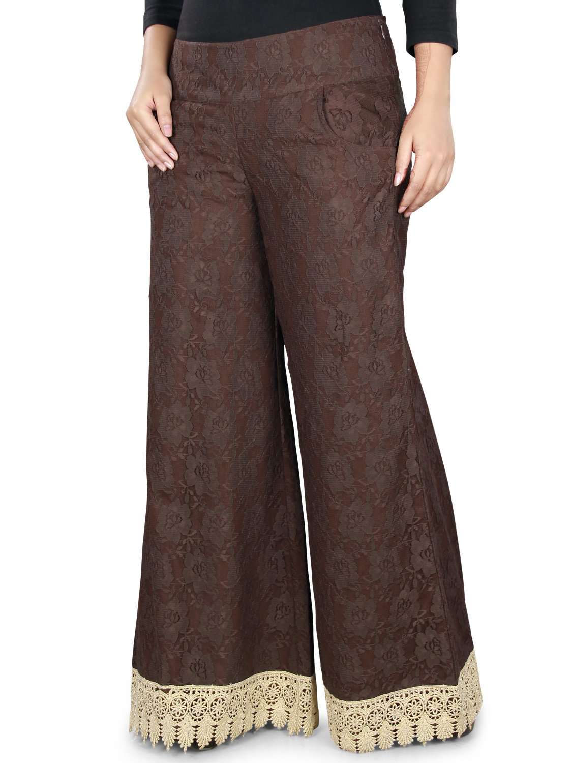 A pair of brown palazzo pants with lace attached at the bottom and a side zipper closure. The pants have utility pockets on each side.