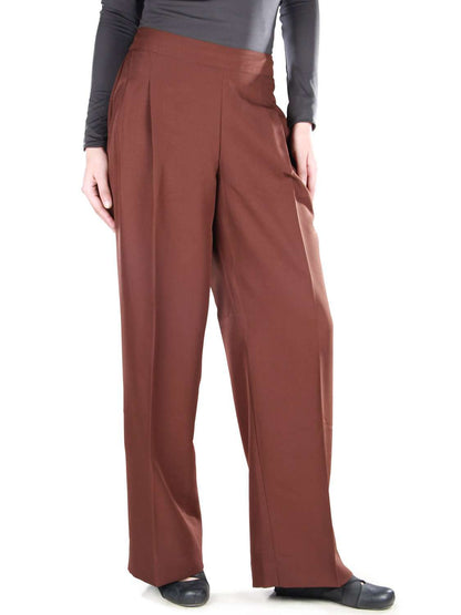 A pair of brown pleated pants with elastic waist back, designed for women.