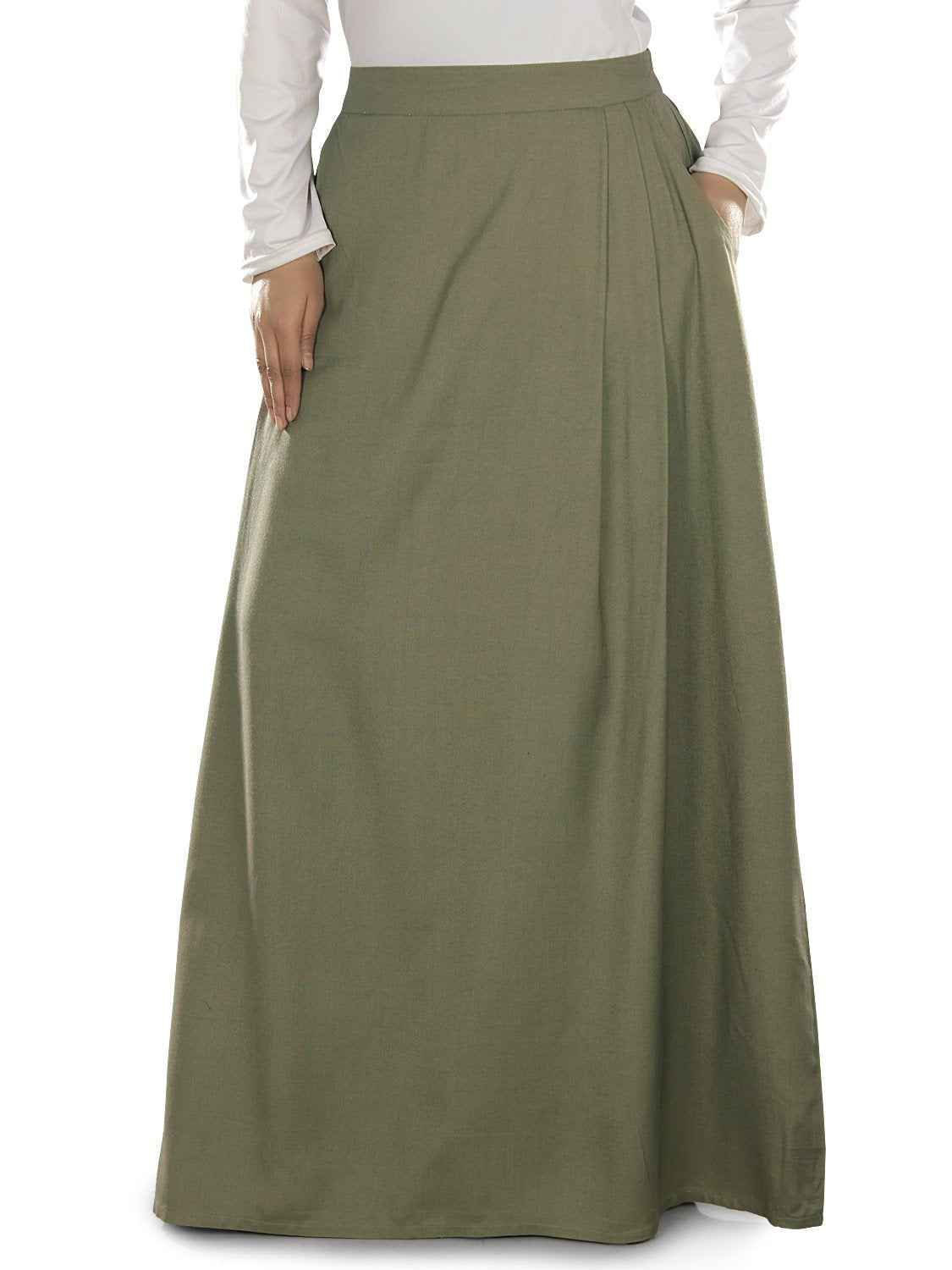 A green A-line skirt with pleats on one side and utility pockets on both sides, featuring an elastic waist on the back.