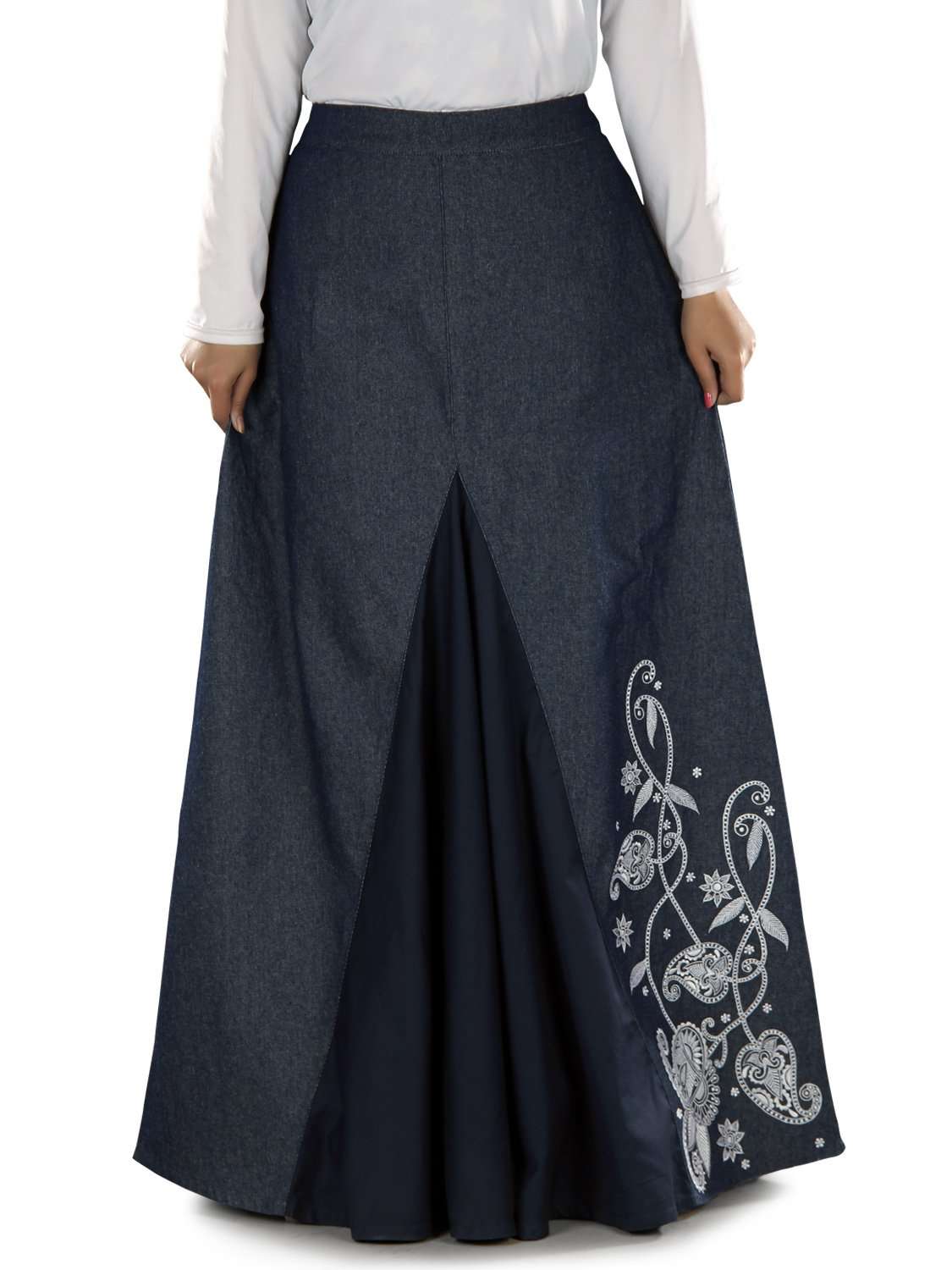 A navy blue denim skirt with embroidered floral design on the front and elastic waist at the back.