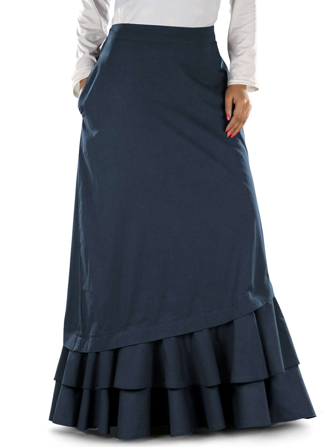 A navy blue A-line skirt with a dual-colored frilled bottom, displayed on a mannequin that is wearing a white top and navy shoes.