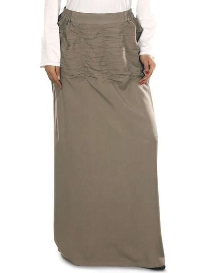 A khaki-colored, linear skirt with a gathered top and elastic waist back, suitable for casual and party wear.