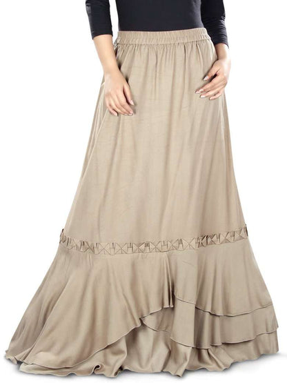 A khaki-colored, flared rayon skirt with asymmetrical multi-layered panels at the bottom and a lace embellishment above the panels.