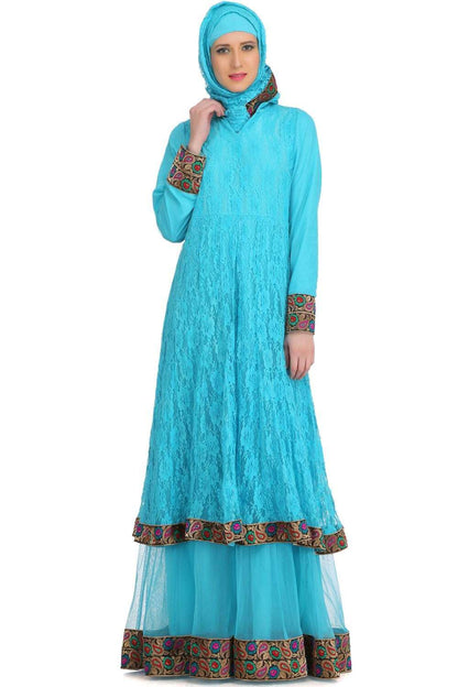Hamnah Turquoise Net & Crepe Abaya Front