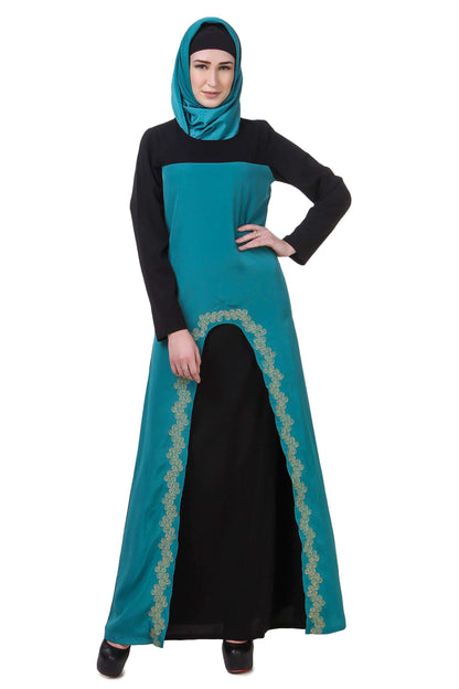 Black & Bottle Green Gold Embroidered Abaya
