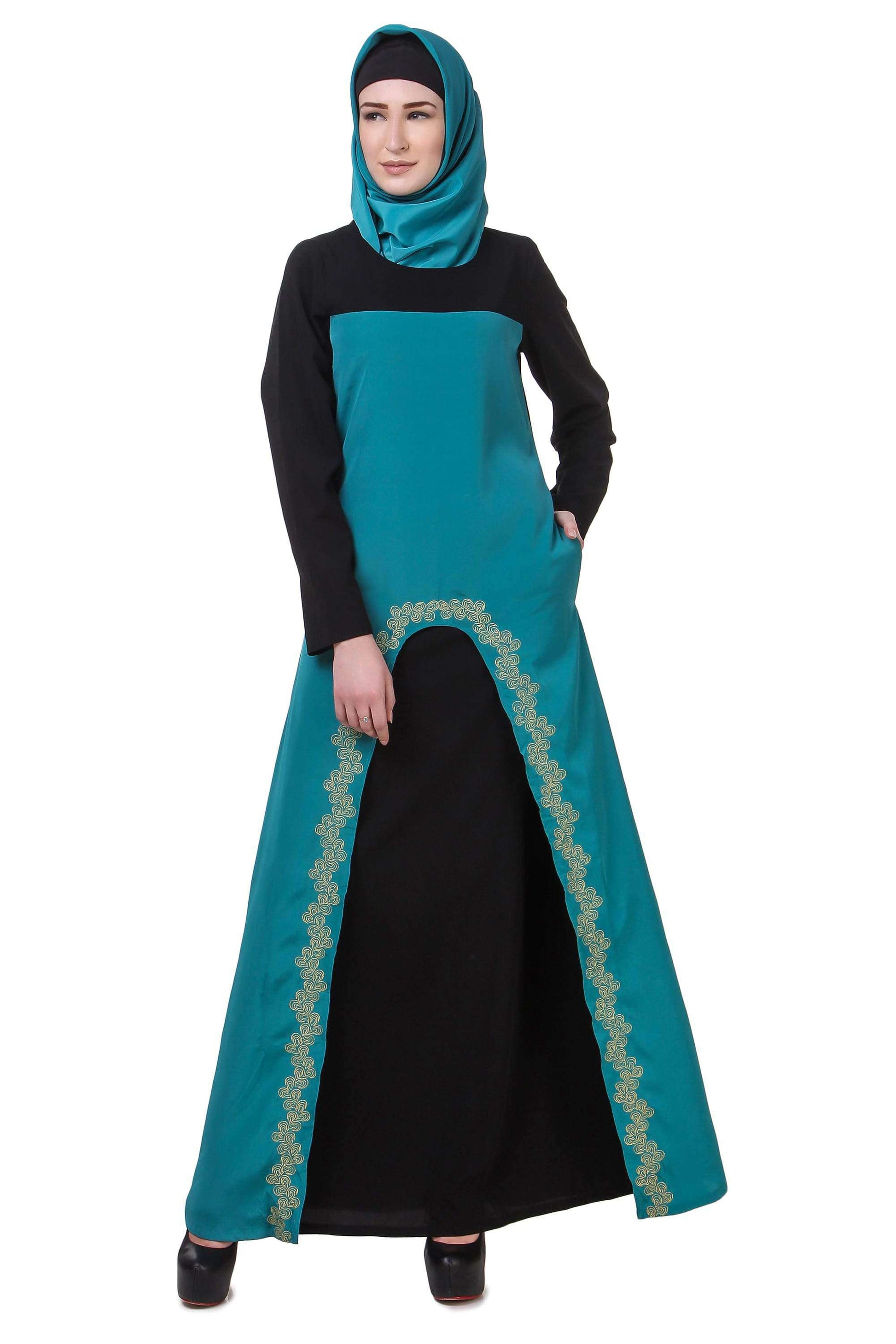 Black & Bottle Green Gold Embroidered Abaya Front