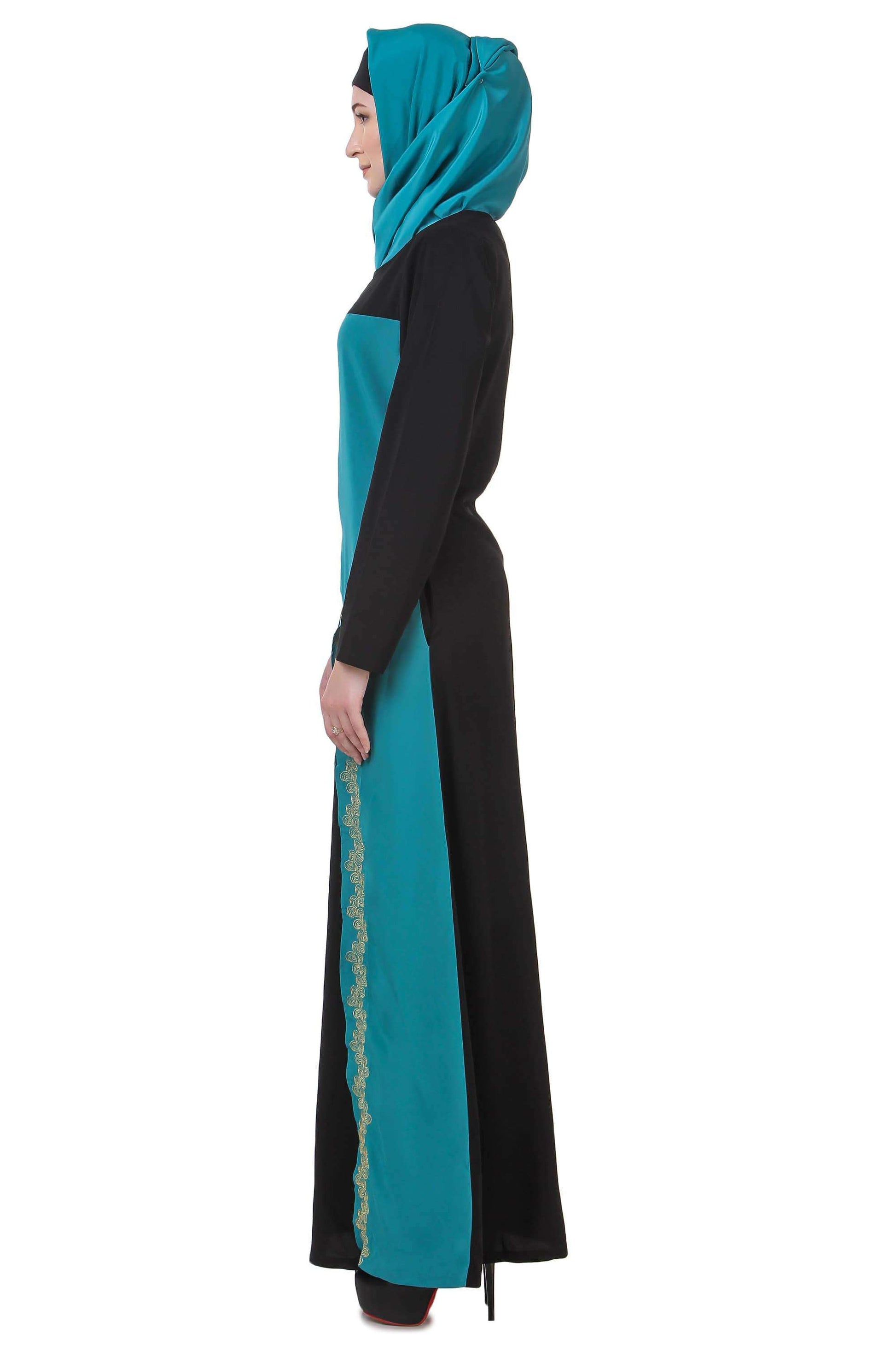Black & Bottle Green Gold Embroidered Abaya Side