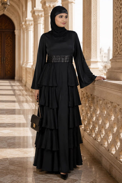 Black premium jilbab abaya for Muslim women in India featuring elegant modest Islamic wear for Eid, weddings and special occasions