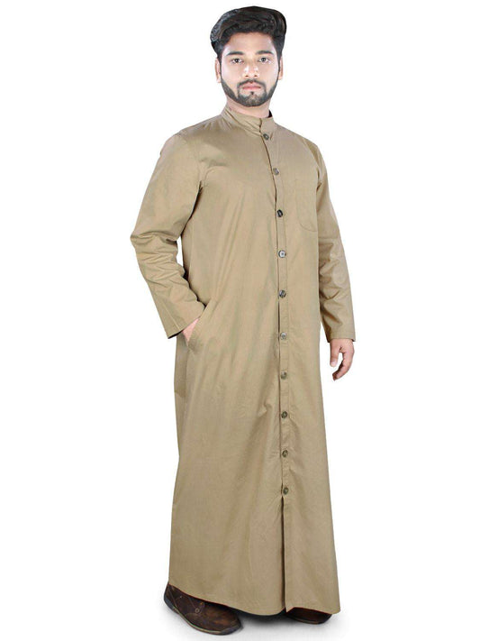 A man wearing a beige traditional Galabiyya with full front open design, button closure, and utility pockets on the sides.