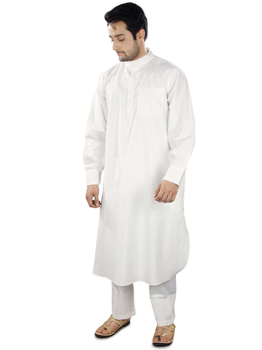 A person wearing a white embroidered kurta pajama with a band collar neckline and front open placket.