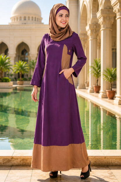 Purple Nida jilbab abaya for Muslim women in India featuring elegant modest Islamic wear with full coverage design for daily wear, Eid and special occasions