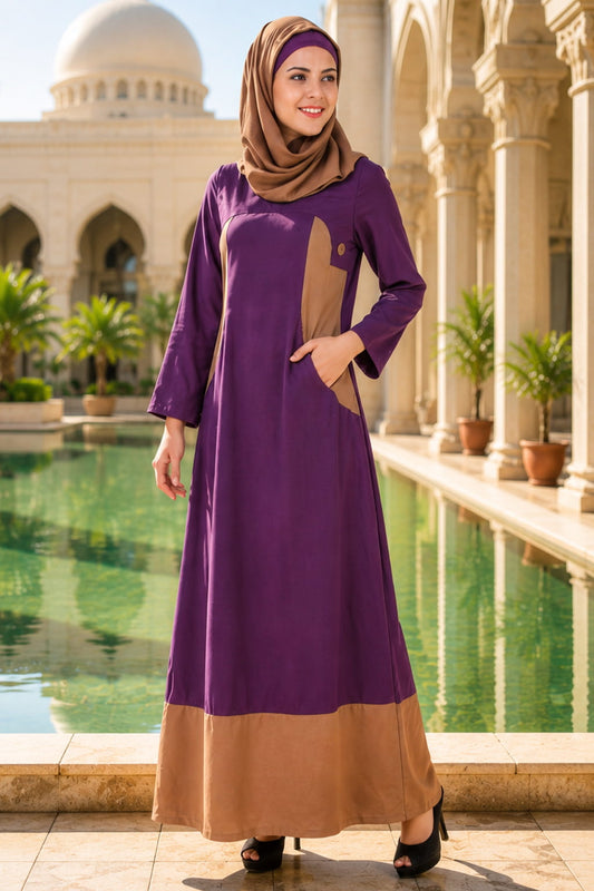 Purple Nida jilbab abaya for Muslim women in India featuring elegant modest Islamic wear with full coverage design for daily wear, Eid and special occasions