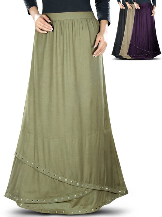 A-line skirt in green with eyelet detailing at the bottom, displayed in two different color variations.