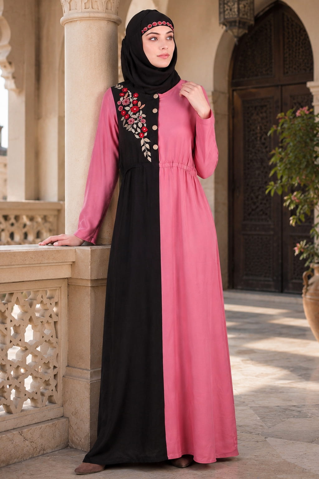 Split Design Ruched Abaya in Black and Pink for Muslim Women, Modest Rayon Islamic Dress with Ruched Waist and Embroidery, India